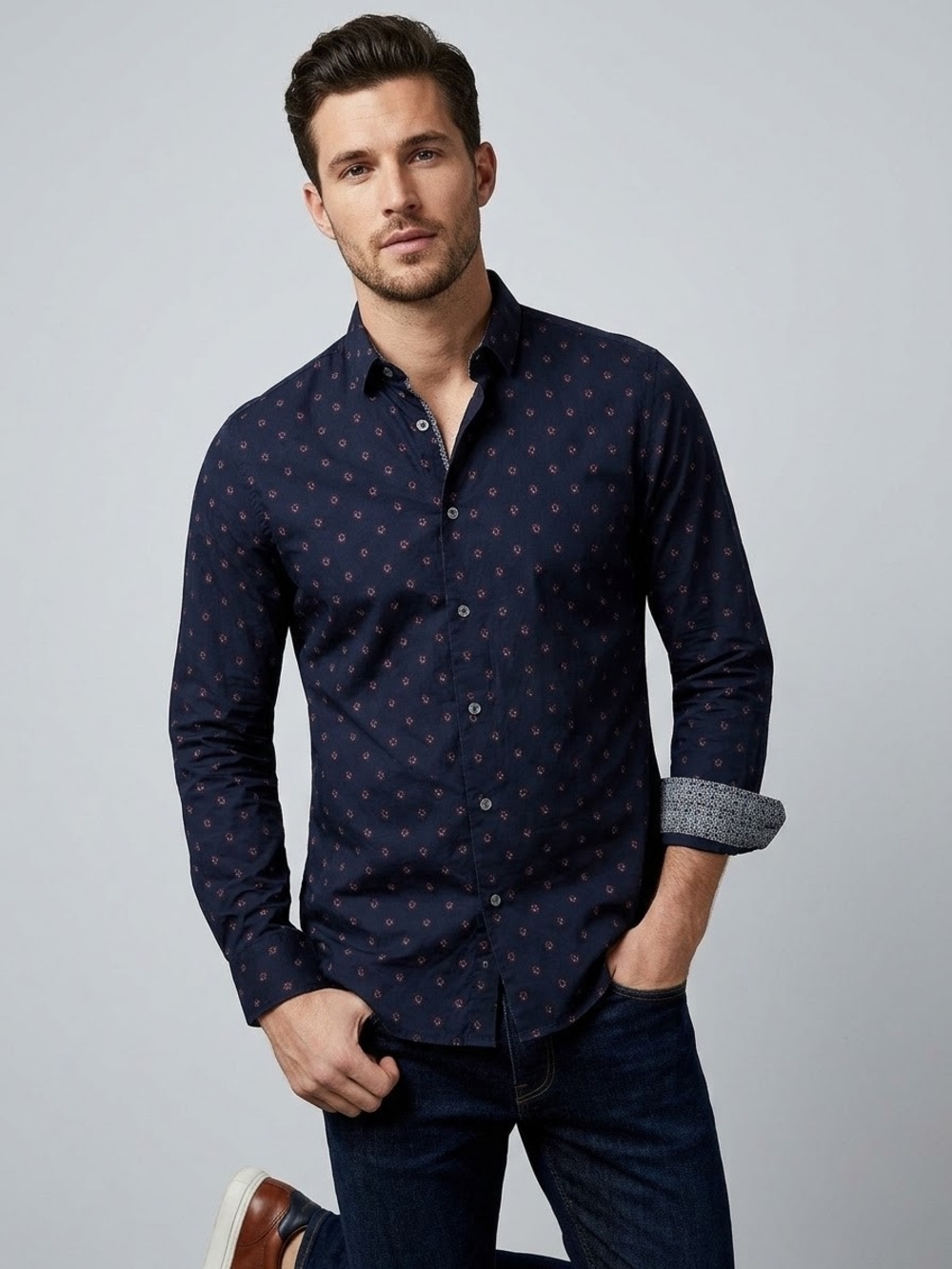 Ted Baker Shirt Button Down Mens Flip Cuff Blue Geometric Cotton Lime New